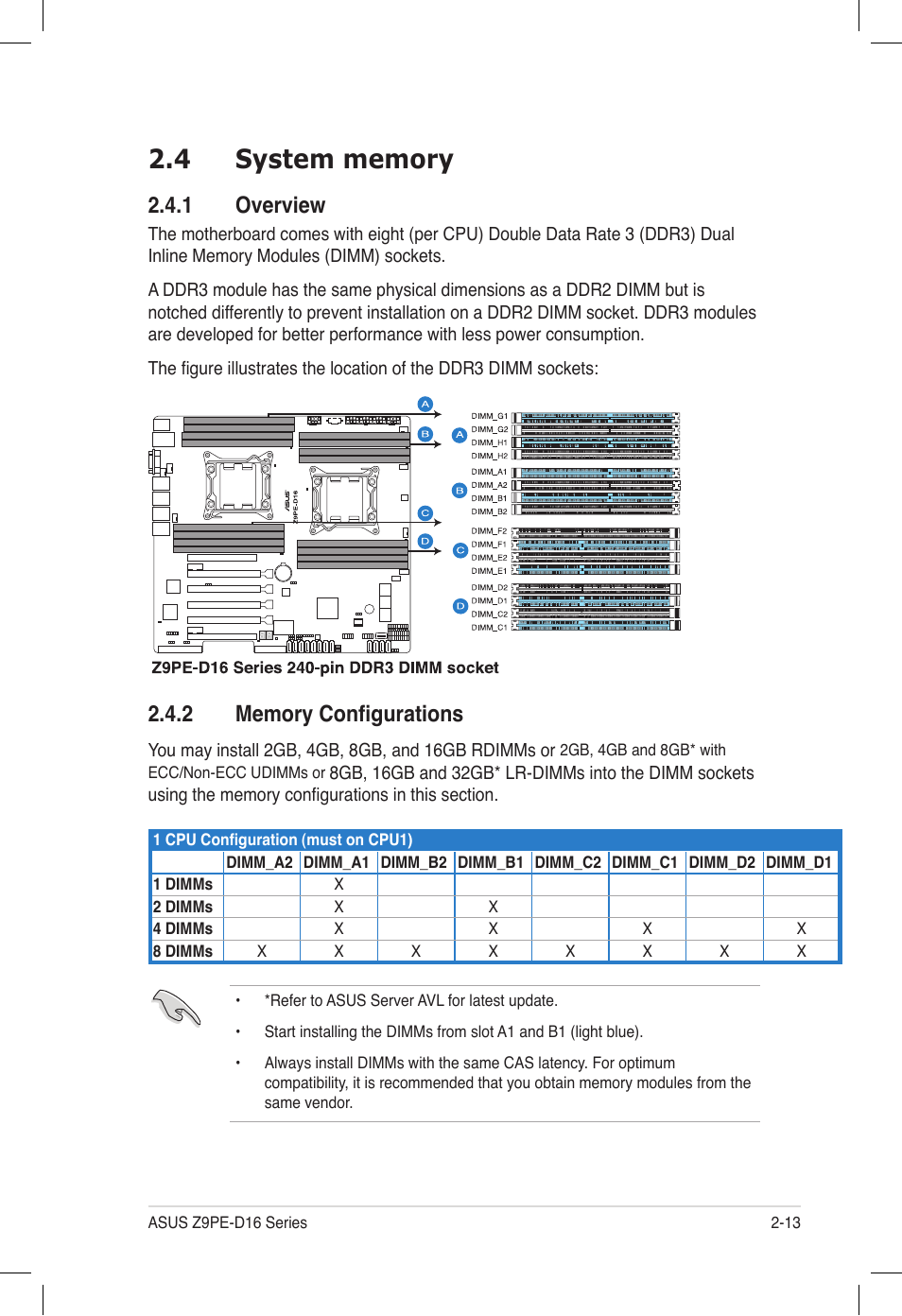 4 system memory, 1 overview, 2 memory configurations | System memory -13 2.4.1, Overview -13, Memory configurations -13, System memory -13 | Asus Z9PE-D16 User Manual | Page 31 / 194