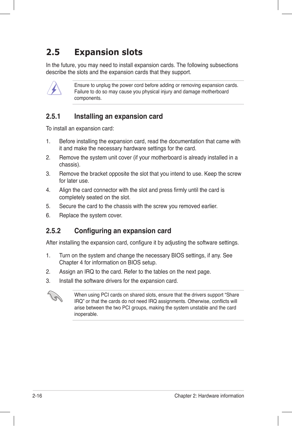 5 expansion slots, 1 installing an expansion card, 2 configuring an expansion card | Expansion slots -16 2.5.1, Installing an expansion card -16, Configuring an expansion card -16, Expansion slots -16 | Asus Z9PE-D16 User Manual | Page 34 / 194