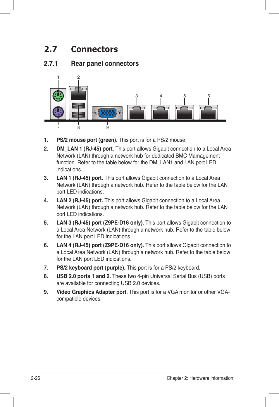 7 connectors, 1 rear panel connectors, Connectors -26 2.7.1 | Rear panel connectors -26, Connectors -26 | Asus Z9PE-D16 User Manual | Page 44 / 194