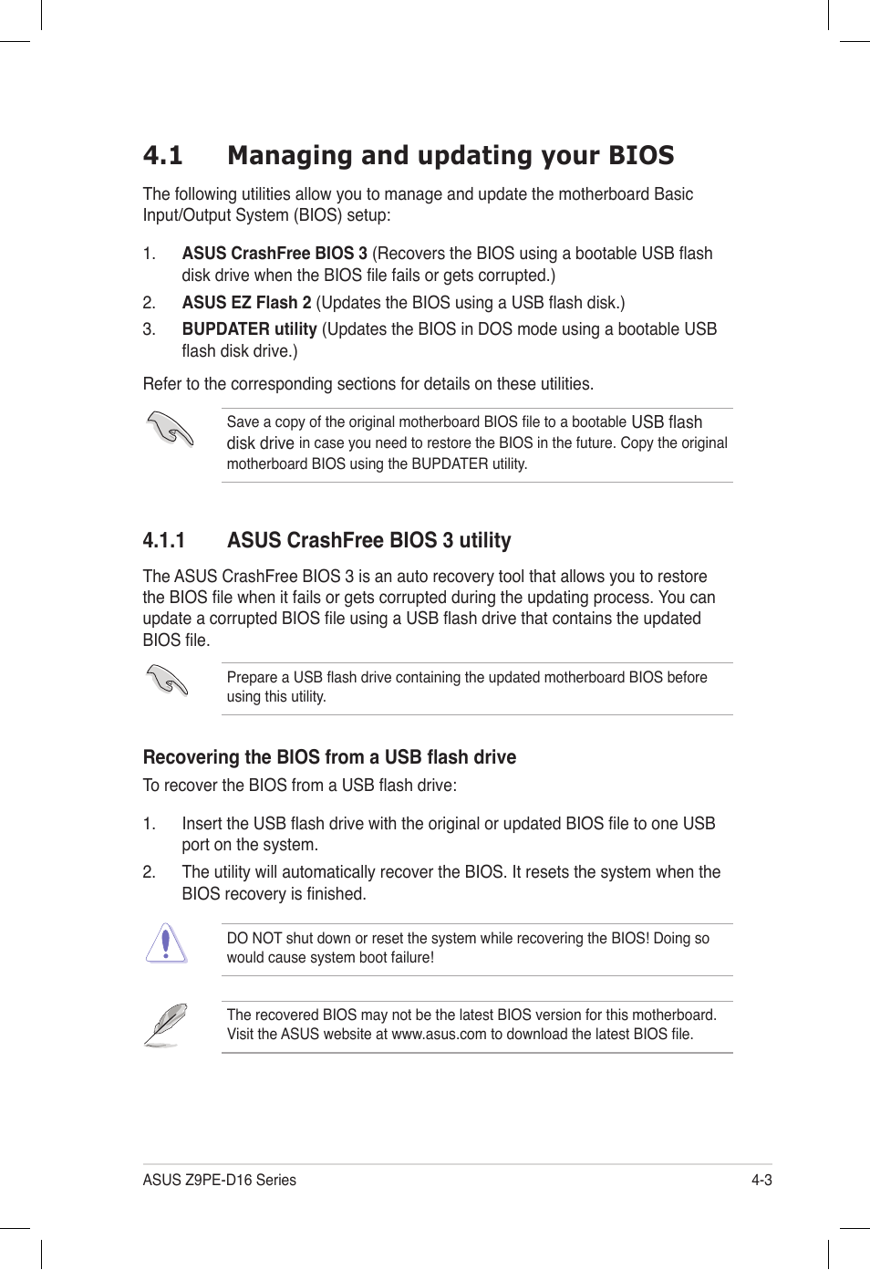 1 managing and updating your bios, 1 asus crashfree bios 3 utility, Managing and updating your bios -3 4.1.1 | Asus crashfree bios 3 utility -3, Managing and updating your bios -3 | Asus Z9PE-D16 User Manual | Page 67 / 194