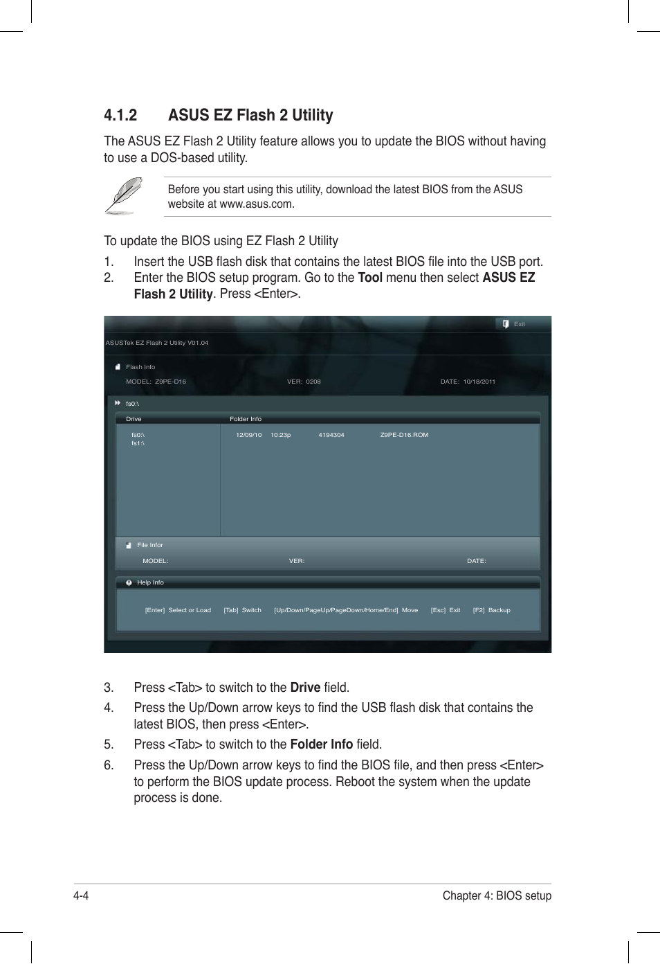 2 asus ez flash 2 utility, Asus ez flash 2 utility -4, 4 chapter 4: bios setup | Asus Z9PE-D16 User Manual | Page 68 / 194