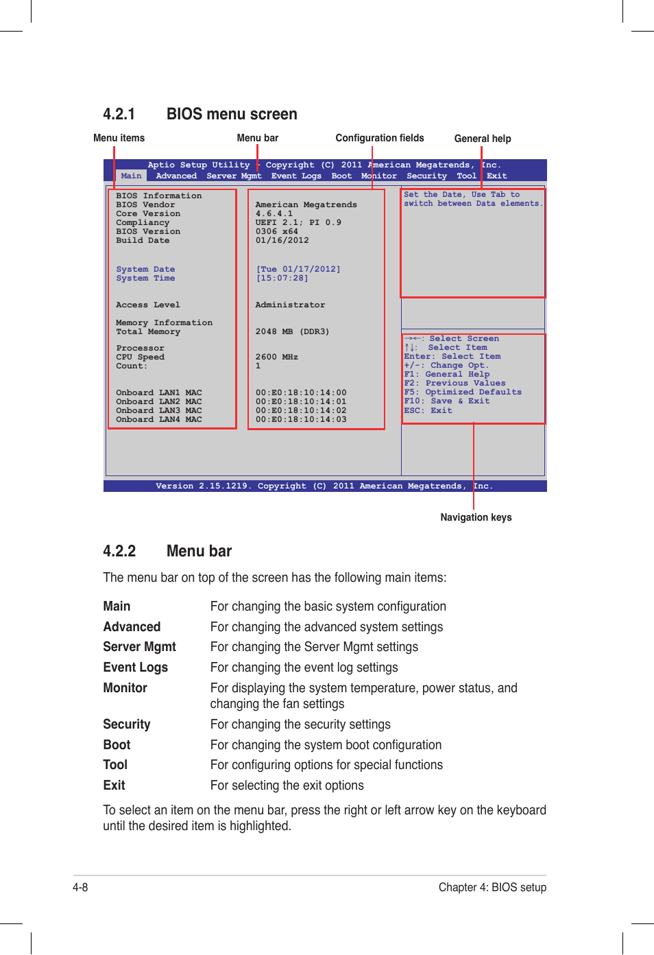 1 bios menu screen, 2 menu bar, Bios menu screen -8 | Menu bar -8 | Asus Z9PE-D16 User Manual | Page 72 / 194