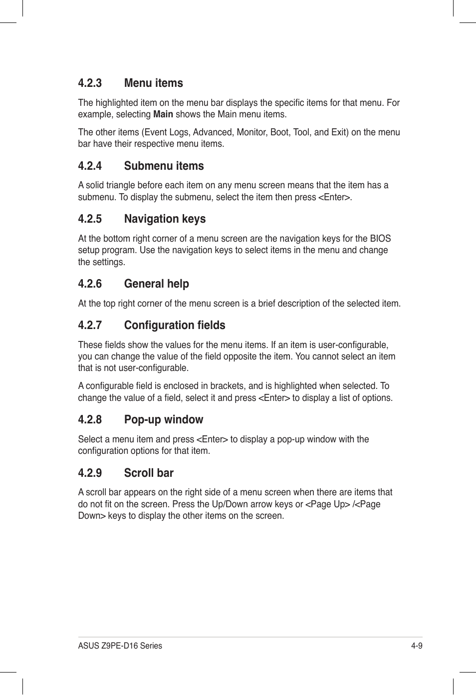 3 menu items, 4 submenu items, 5 navigation keys | 6 general help, 7 configuration fields, 8 pop-up window, 9 scroll bar, Menu items -9, Submenu items -9, Navigation keys -9 | Asus Z9PE-D16 User Manual | Page 73 / 194