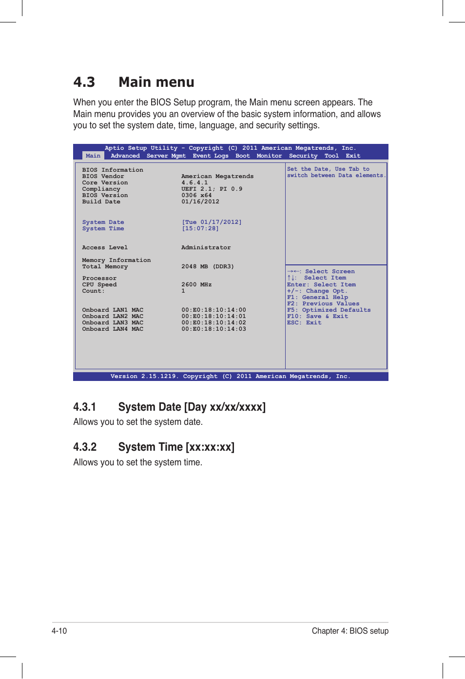 3 main menu, 1 system date [day xx/xx/xxxx, 2 system time [xx:xx:xx | Main menu -10 4.3.1, System date [day xx/xx/xxxx] -10, System time [xx:xx:xx] -10, Main menu -10, Allows you to set the system date, Allows you to set the system time | Asus Z9PE-D16 User Manual | Page 74 / 194