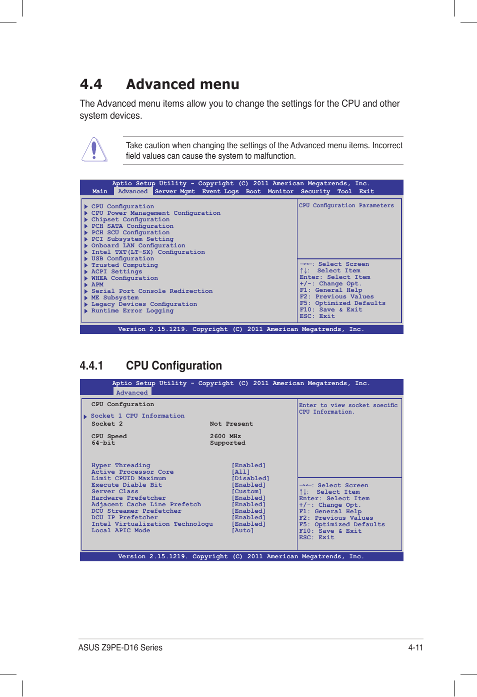 4 advanced menu, 1 cpu configuration, Advanced menu -11 4.4.1 | Cpu configuration -11, Advanced menu -11 | Asus Z9PE-D16 User Manual | Page 75 / 194