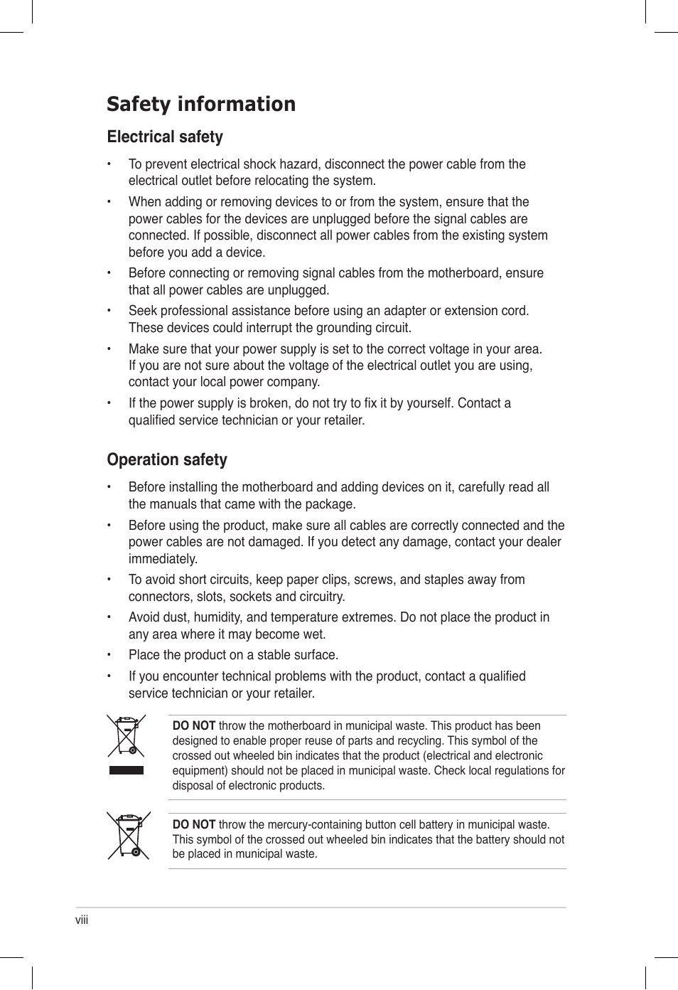 Safety information, Electrical safety, Operation safety | Asus Z9PE-D16 User Manual | Page 8 / 194