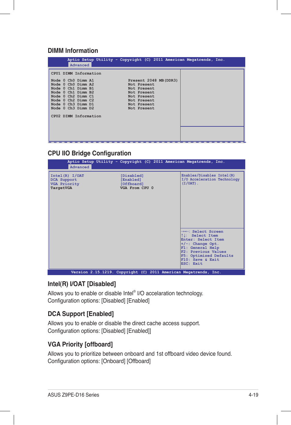 Intel(r) i/oat [disabled, Dca support [enabled, Vga priority [offboard | Cpu iio bridge configuration, Dimm information, Allows you to enable or disable intel | Asus Z9PE-D16 User Manual | Page 83 / 194