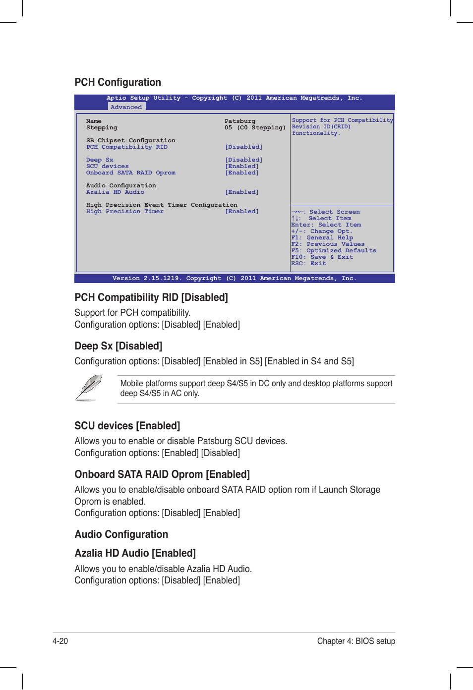 Pch configuration pch compatibility rid [disabled, Deep sx [disabled, Scu devices [enabled | Onboard sata raid oprom [enabled, Audio configuration azalia hd audio [enabled | Asus Z9PE-D16 User Manual | Page 84 / 194