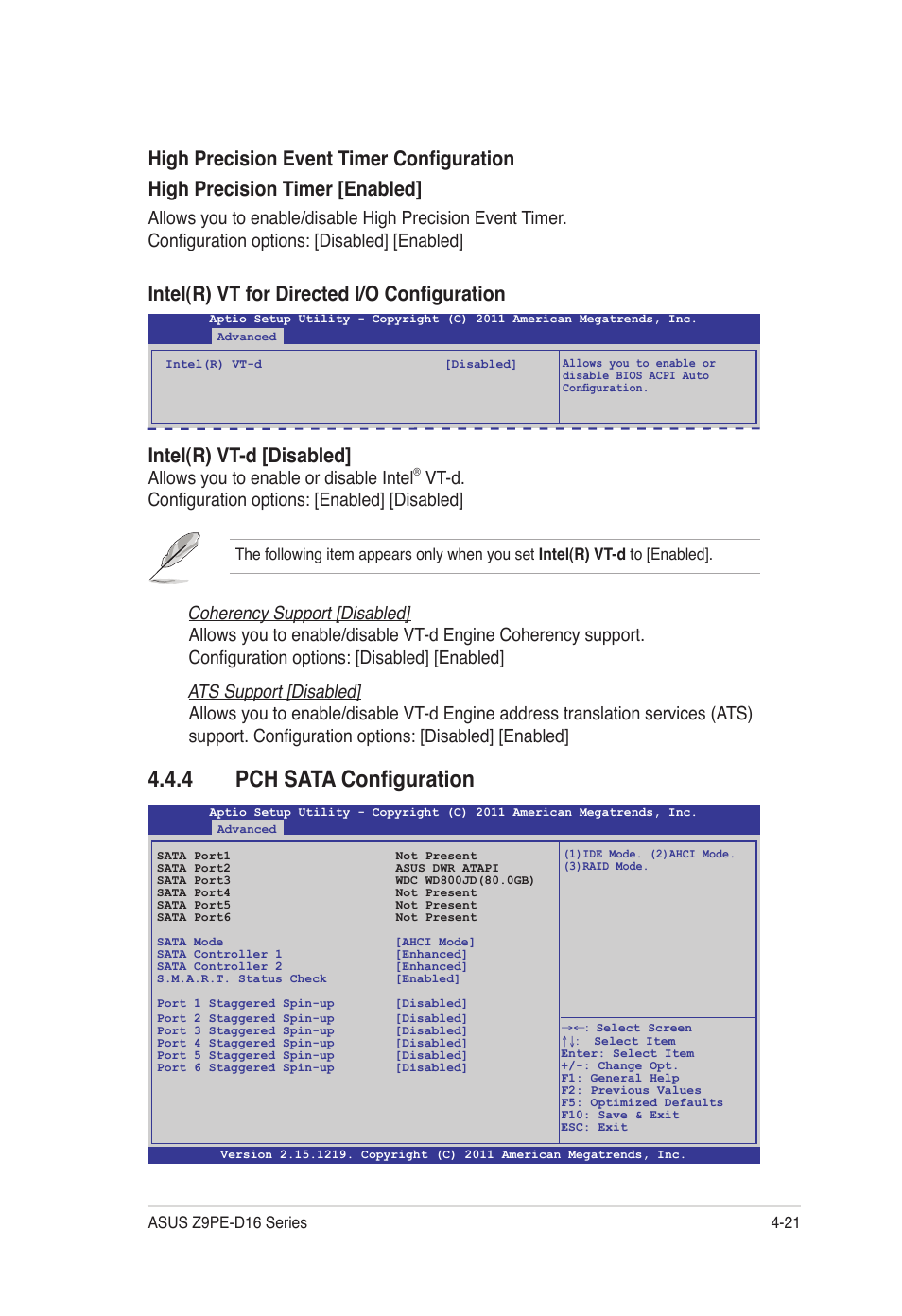 4 pch sata configuration, Pch sata configuration -21, Intel(r) vt-d [disabled | Intel(r) vt for directed i/o configuration, Allows you to enable or disable intel, Vt-d. configuration options: [enabled] [disabled | Asus Z9PE-D16 User Manual | Page 85 / 194