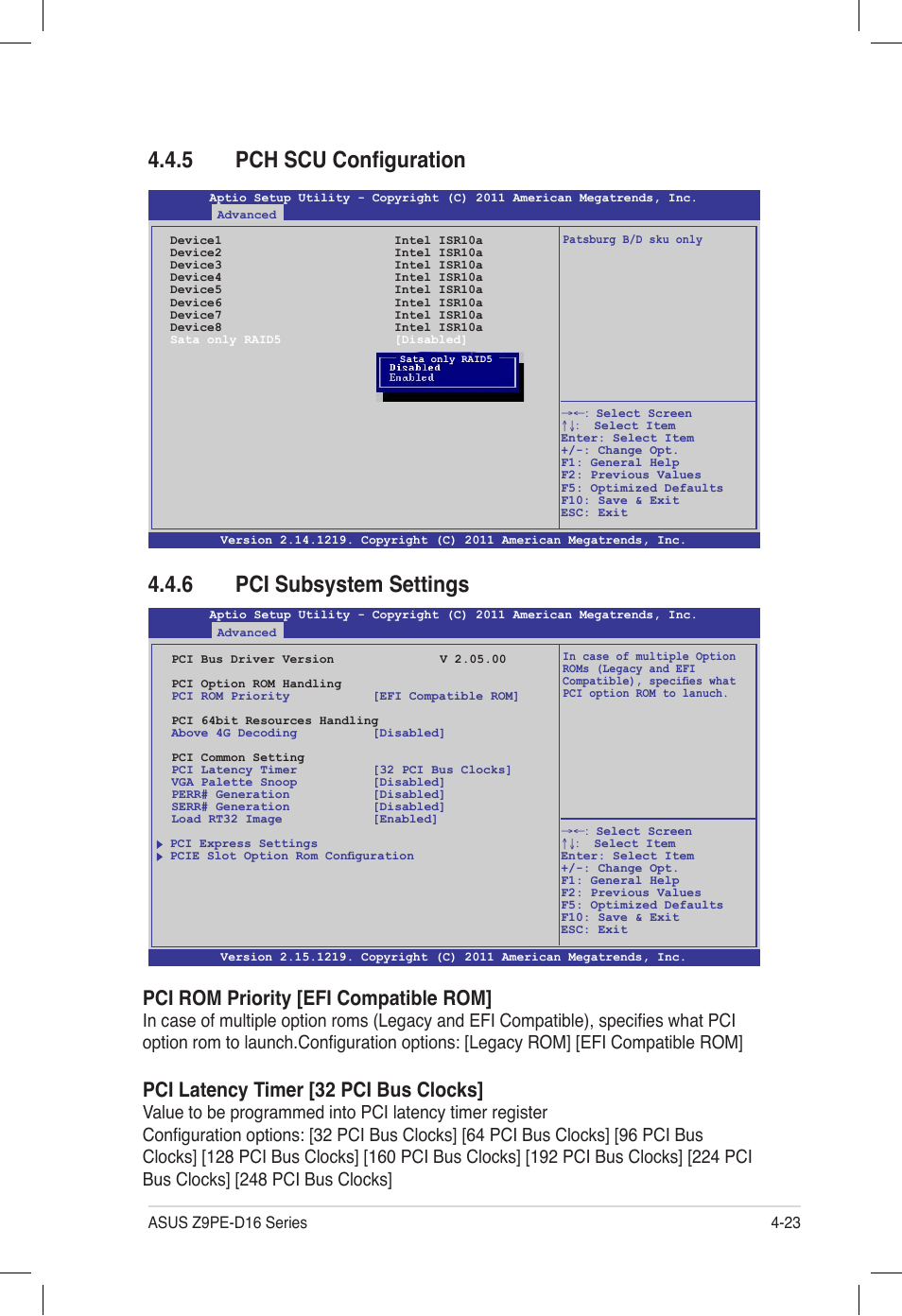 5 pch scu configuration, 6 pci subsystem settings, Pch scu configuration -23 | Pci subsystem settings -23, Pci rom priority [efi compatible rom, Pci latency timer [32 pci bus clocks | Asus Z9PE-D16 User Manual | Page 87 / 194