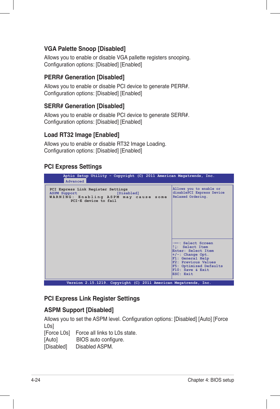 Pci express settings, Vga palette snoop [disabled, Perr# generation [disabled | Serr# generation [disabled, Load rt32 image [enabled | Asus Z9PE-D16 User Manual | Page 88 / 194