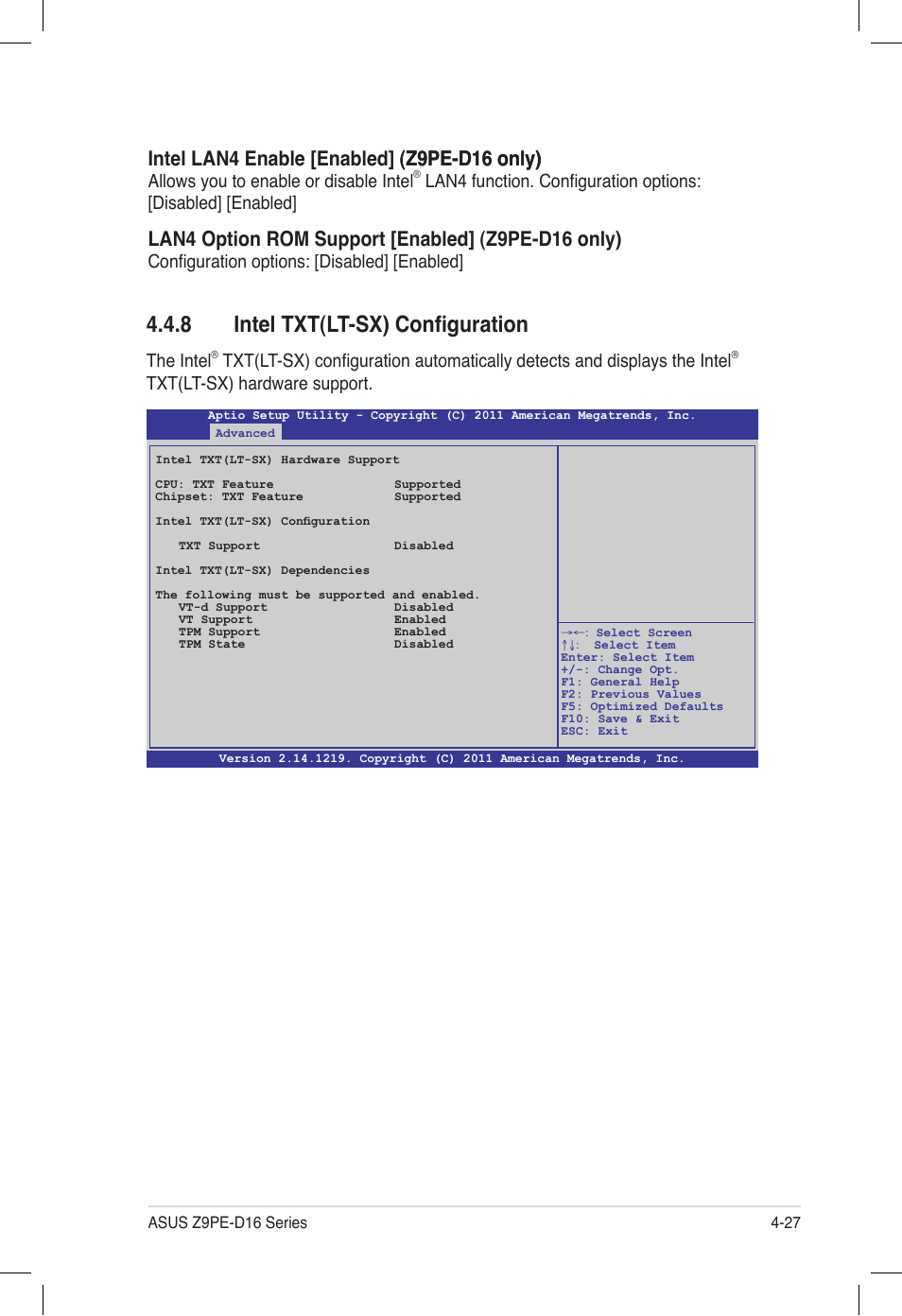 8 intel txt(lt-sx) configuration, Intel txt(lt-sx) configuration -27, Lan4 option rom support [enabled] (z9pe-d16 only) | The intel, Txt(lt-sx) hardware support, Allows you to enable or disable intel, Configuration options: [disabled] [enabled | Asus Z9PE-D16 User Manual | Page 91 / 194