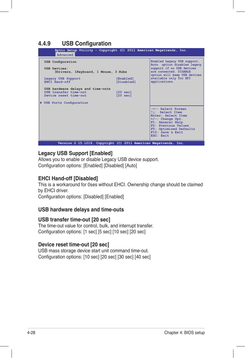 9 usb configuration, Usb configuration -28, Legacy usb support [enabled | Ehci hand-off [disabled, Device reset time-out [20 sec | Asus Z9PE-D16 User Manual | Page 92 / 194