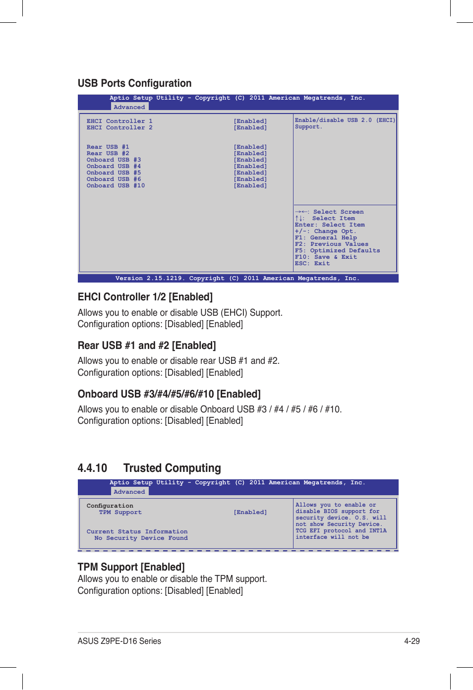 10 trusted computing, 10 trusted computing -29, Usb ports configuration | Tpm support [enabled, Ehci controller 1/2 [enabled, Rear usb #1 and #2 [enabled | Asus Z9PE-D16 User Manual | Page 93 / 194