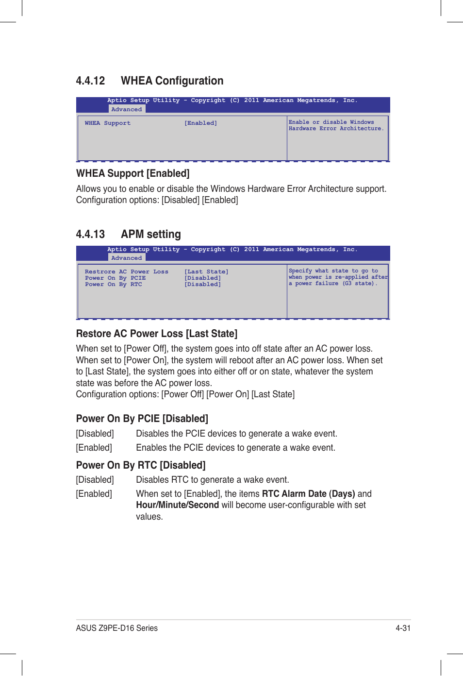 12 whea configuration, 13 apm setting, 12 whea configuration -31 4.4.13 apm setting -31 | Whea support [enabled, Restore ac power loss [last state, Power on by pcie [disabled, Power on by rtc [disabled | Asus Z9PE-D16 User Manual | Page 95 / 194