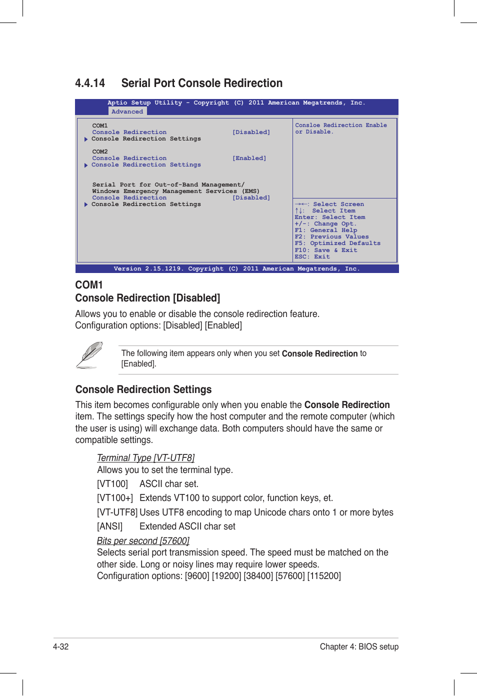 14 serial port console redirection, 14 serial port console redirection -32, Console redirection settings | Com1 console redirection [disabled | Asus Z9PE-D16 User Manual | Page 96 / 194