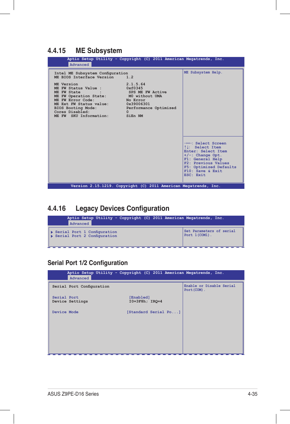 15 me subsystem, 16 legacy devices configuration, Serial port 1/2 configuration | Asus Z9PE-D16 User Manual | Page 99 / 194