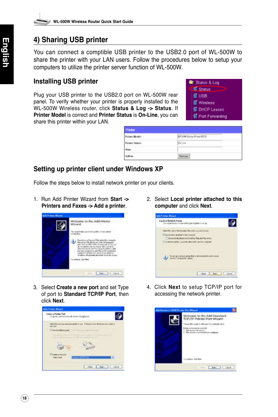 English, 4) sharing usb printer, Installing usb printer | Setting up printer client under windows xp | Asus WL-500W User Manual | Page 19 / 123