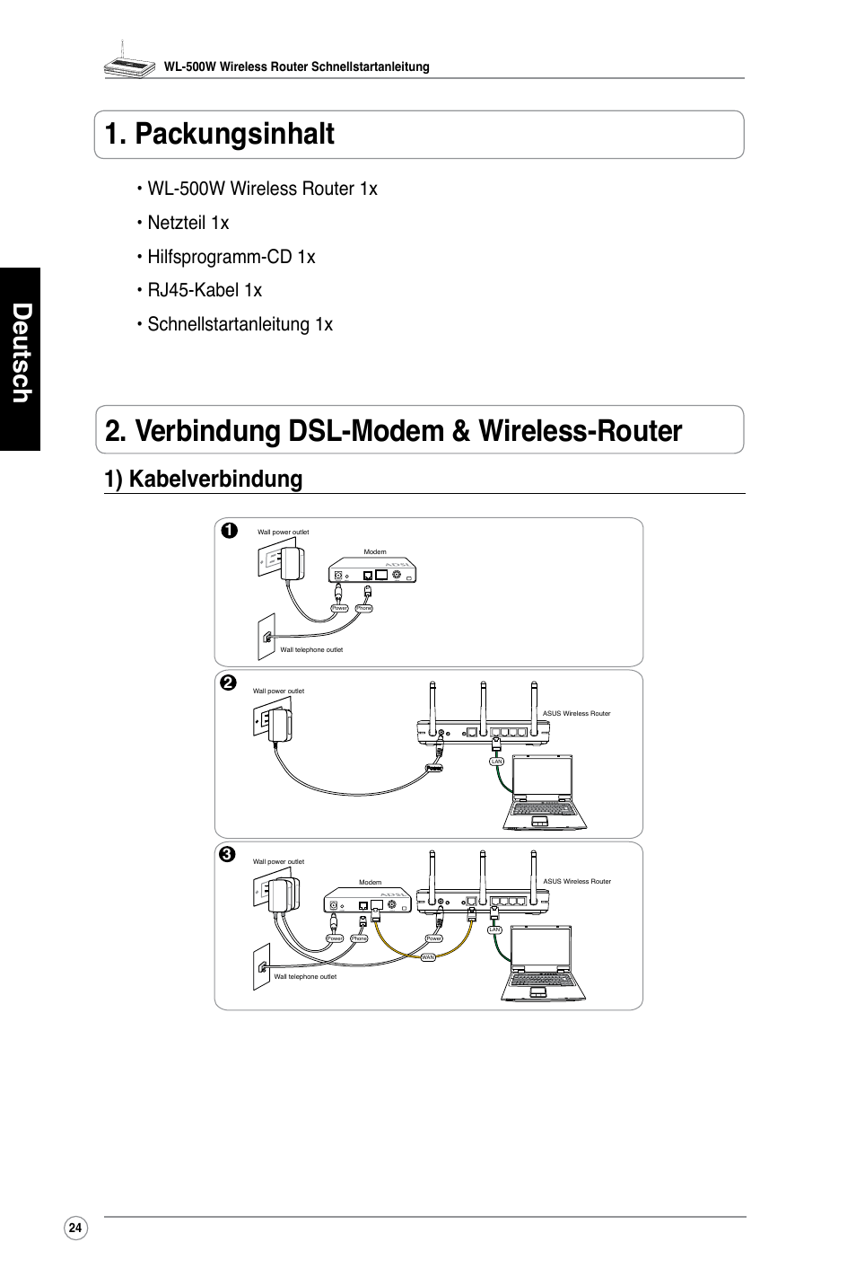 Deutsch, 1) kabelverbindung | Asus WL-500W User Manual | Page 25 / 123