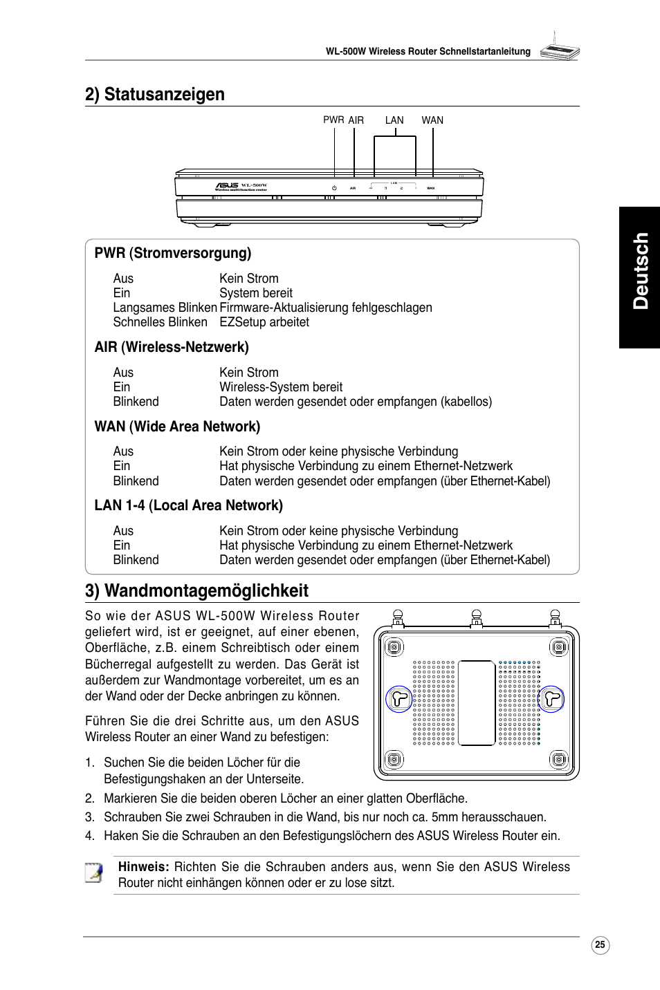 Deutsch, 2) statusanzeigen, 3) wandmontagemöglichkeit | Asus WL-500W User Manual | Page 26 / 123