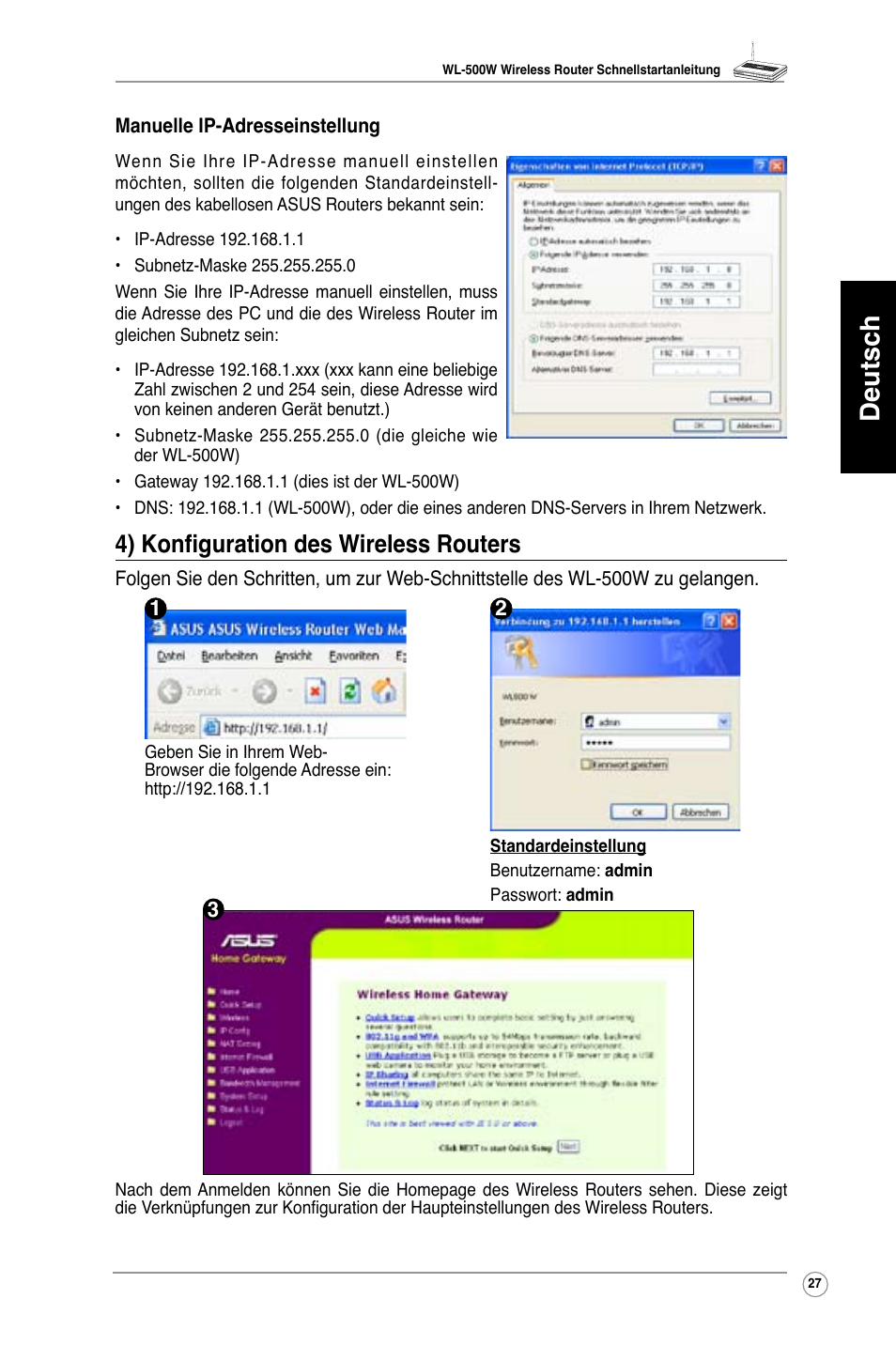 Deutsch, 4) konfiguration des wireless routers | Asus WL-500W User Manual | Page 28 / 123