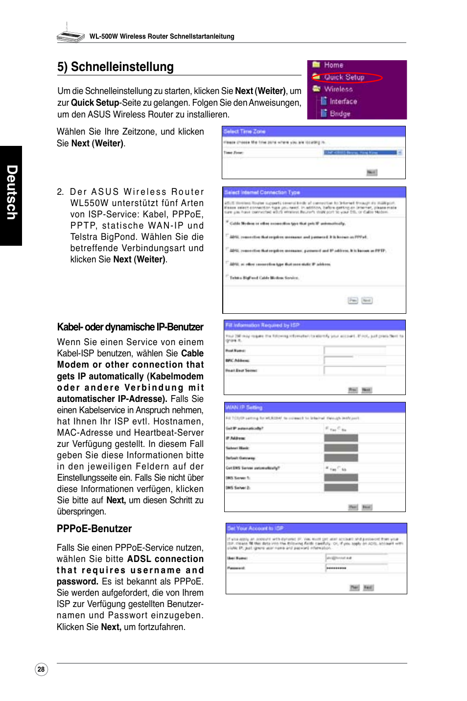 Deutsch, 5) schnelleinstellung | Asus WL-500W User Manual | Page 29 / 123