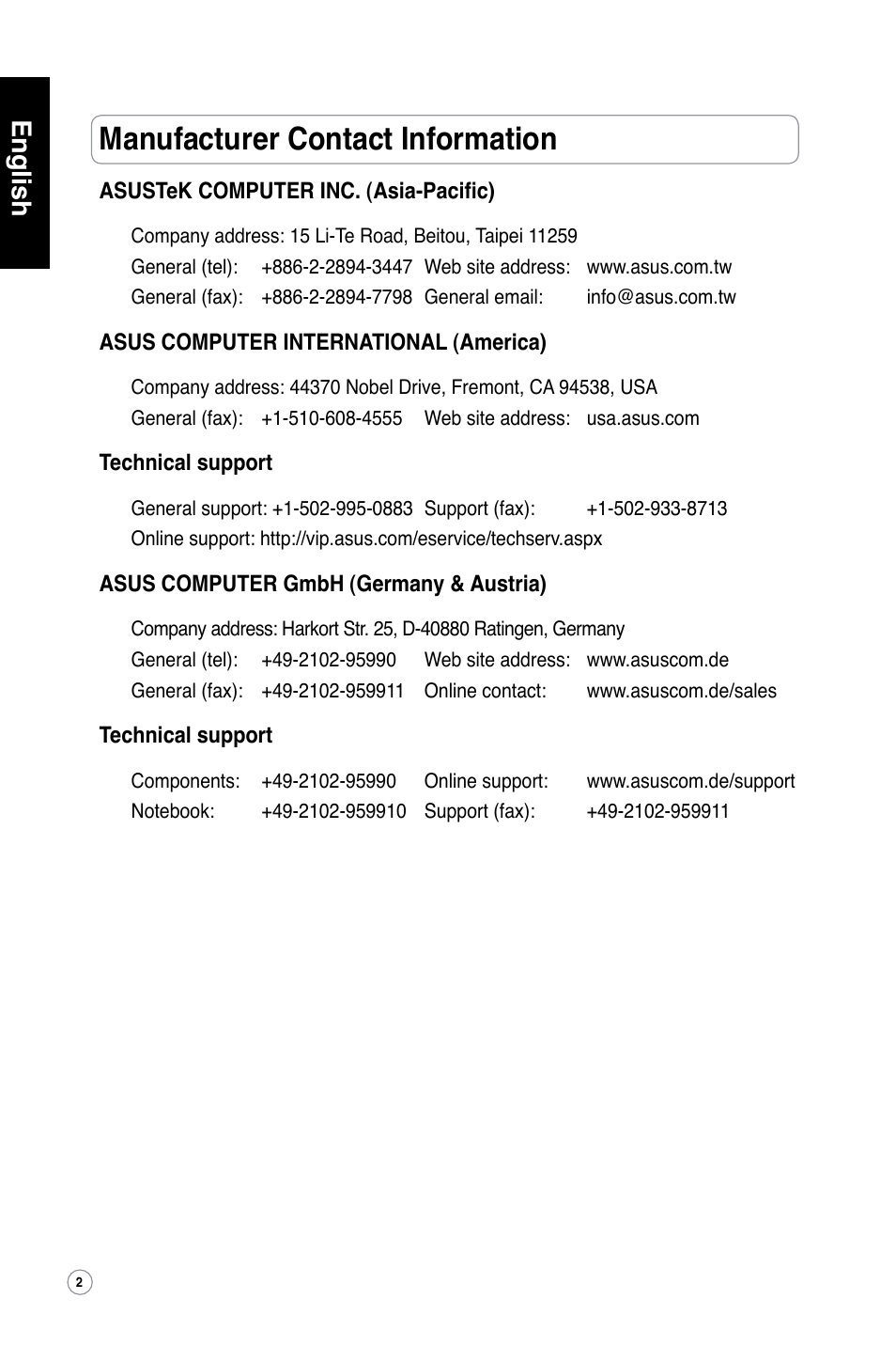 Manufacturer contact information, English deutsch français italiano español | Asus WL-500W User Manual | Page 3 / 123