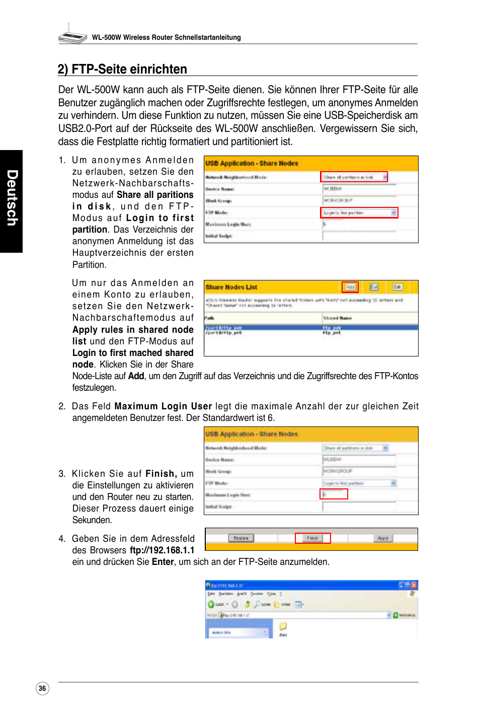 Deutsch, 2) ftp-seite einrichten | Asus WL-500W User Manual | Page 37 / 123