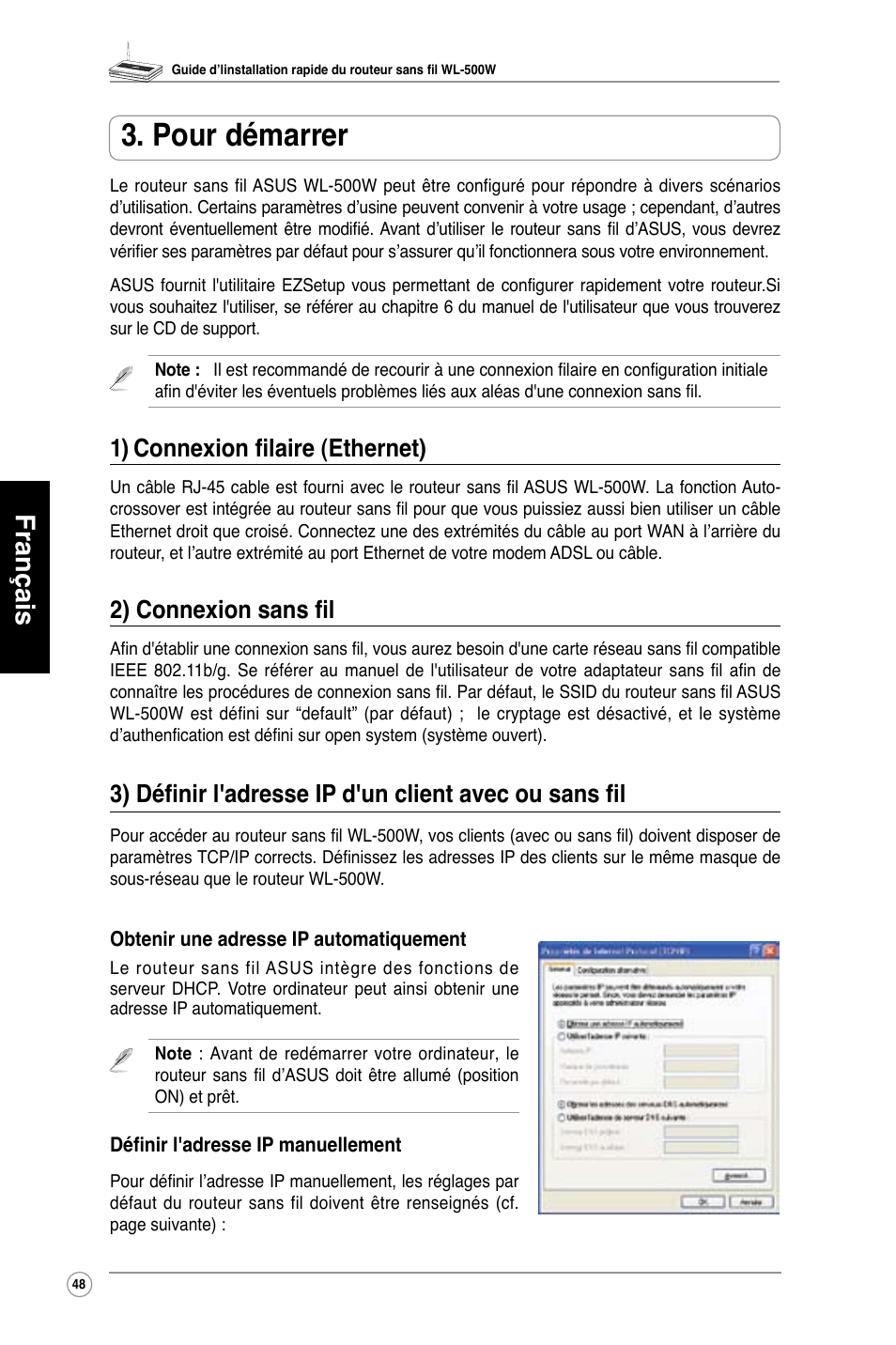 Pour démarrer, Français, 1) connexion filaire (ethernet) | 2) connexion sans fil | Asus WL-500W User Manual | Page 49 / 123