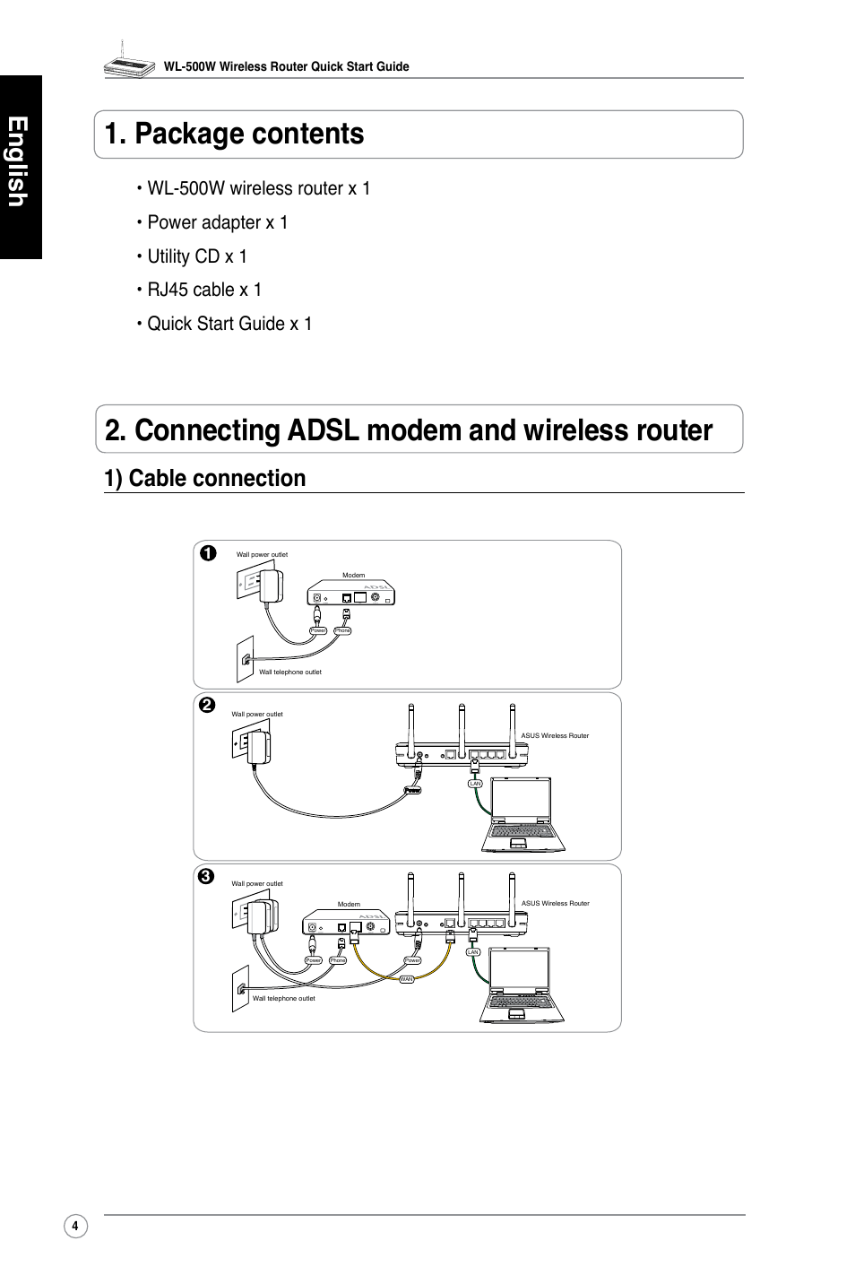 English, 1) cable connection | Asus WL-500W User Manual | Page 5 / 123