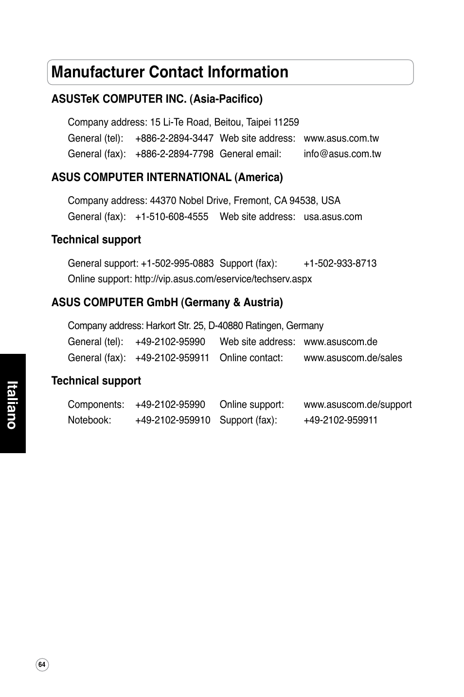 Manufacturer contact information, Italiano | Asus WL-500W User Manual | Page 65 / 123