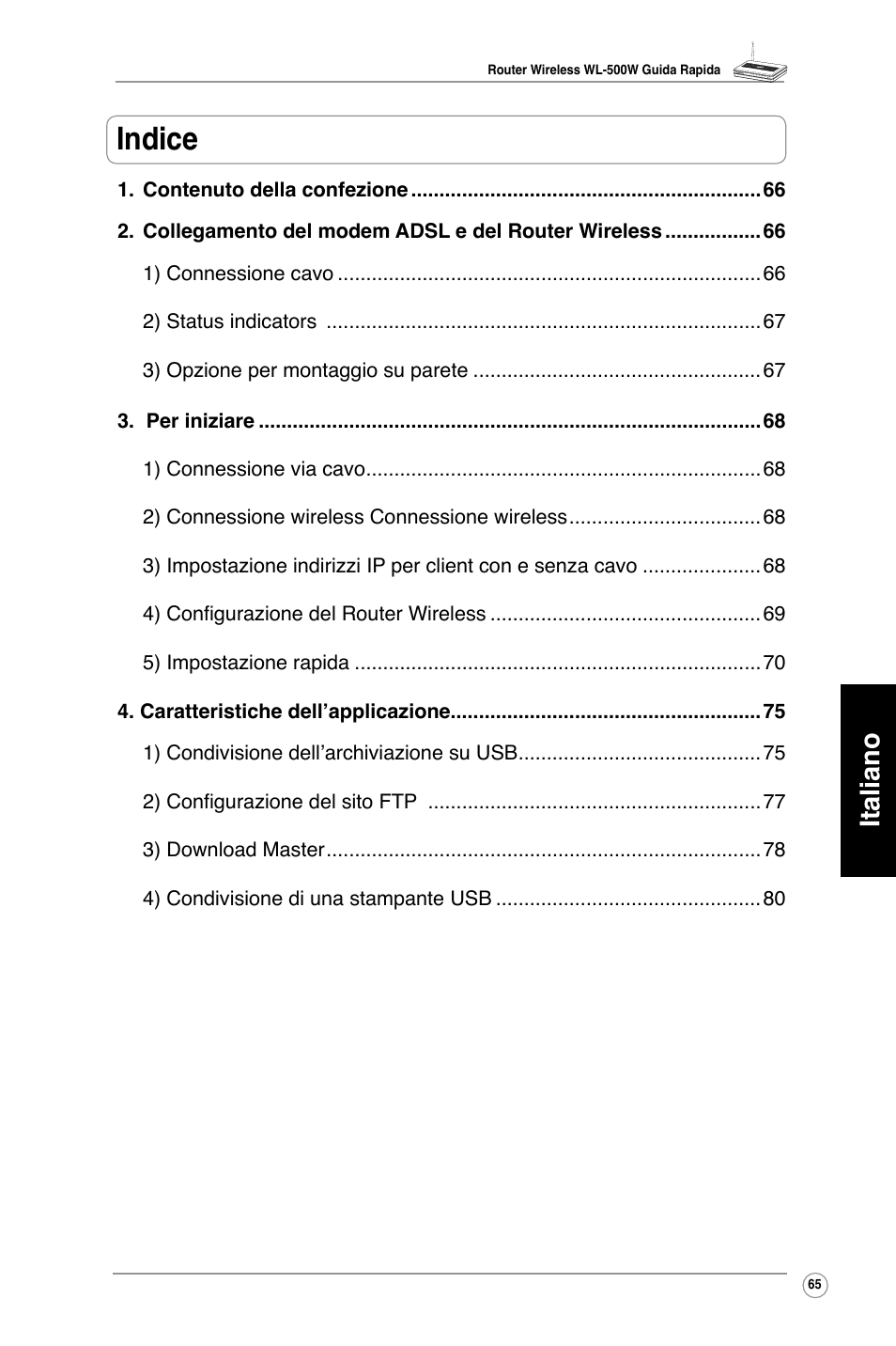 Indice, Italiano | Asus WL-500W User Manual | Page 66 / 123