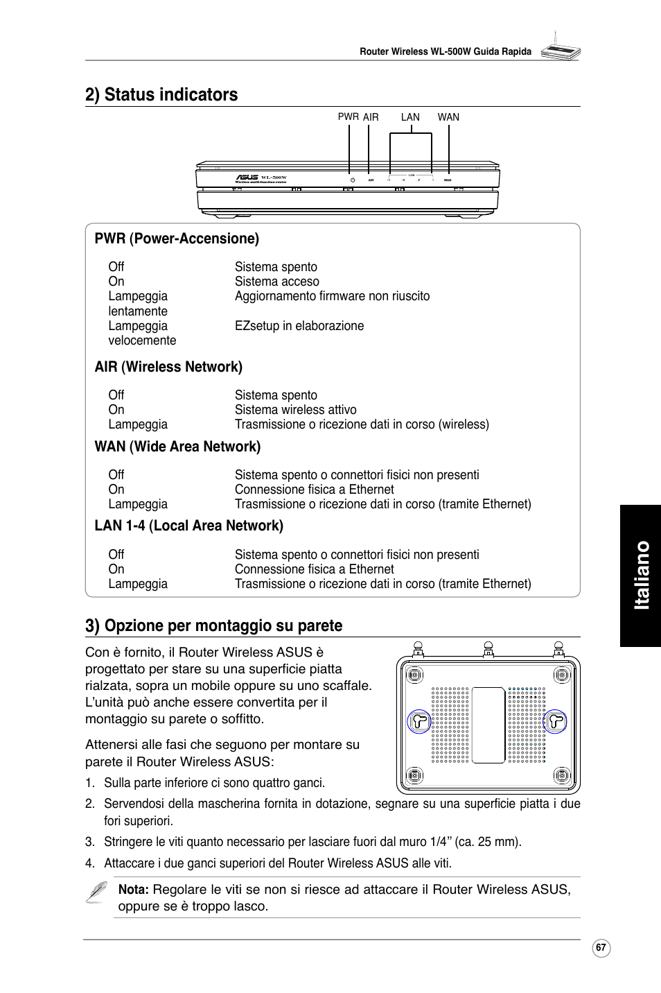 Italiano, 2) status indicators, Opzione per montaggio su parete | Asus WL-500W User Manual | Page 68 / 123