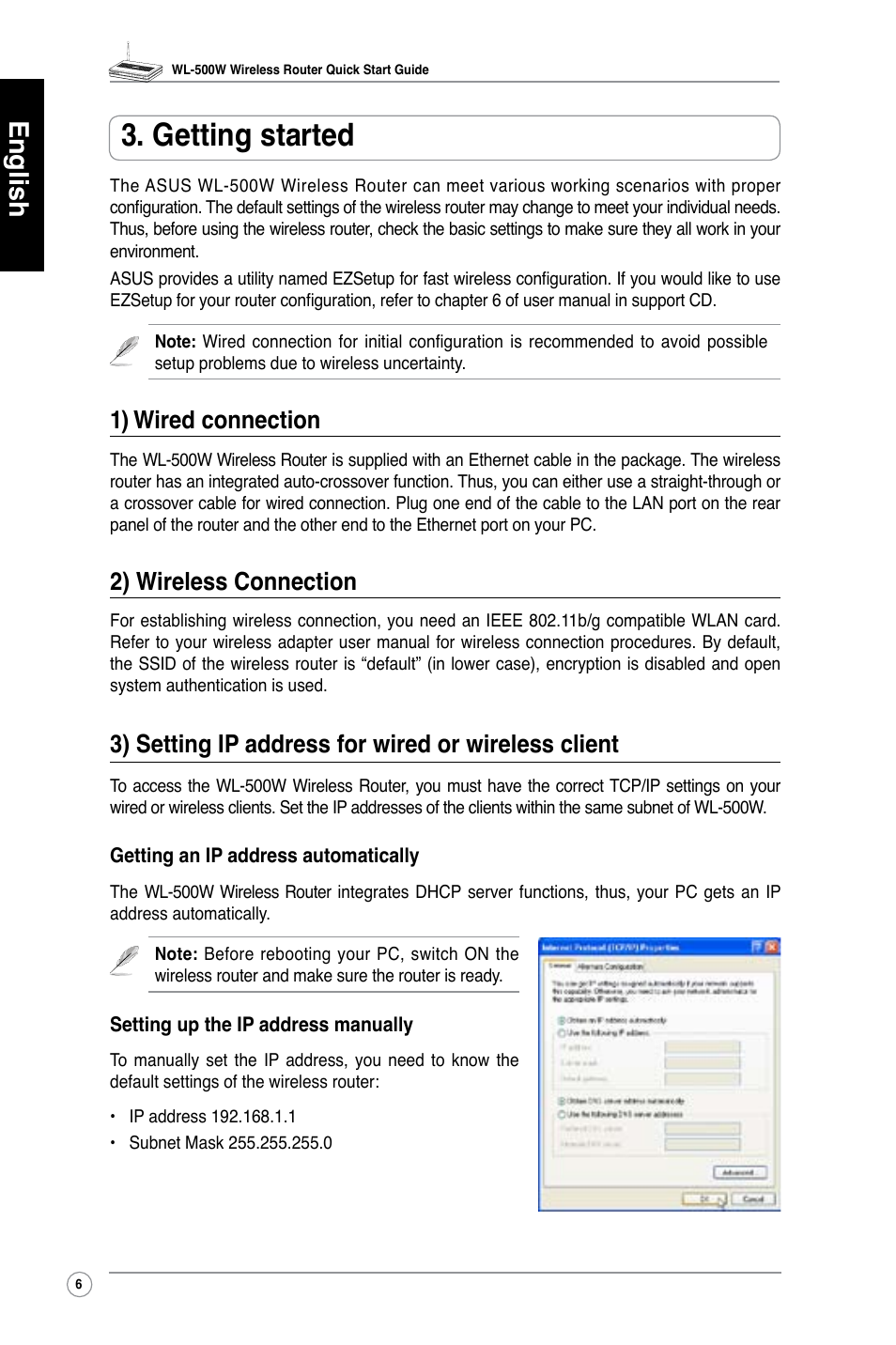 Getting started, English, 1) wired connection | 2) wireless connection, 3) setting ip address for wired or wireless client | Asus WL-500W User Manual | Page 7 / 123