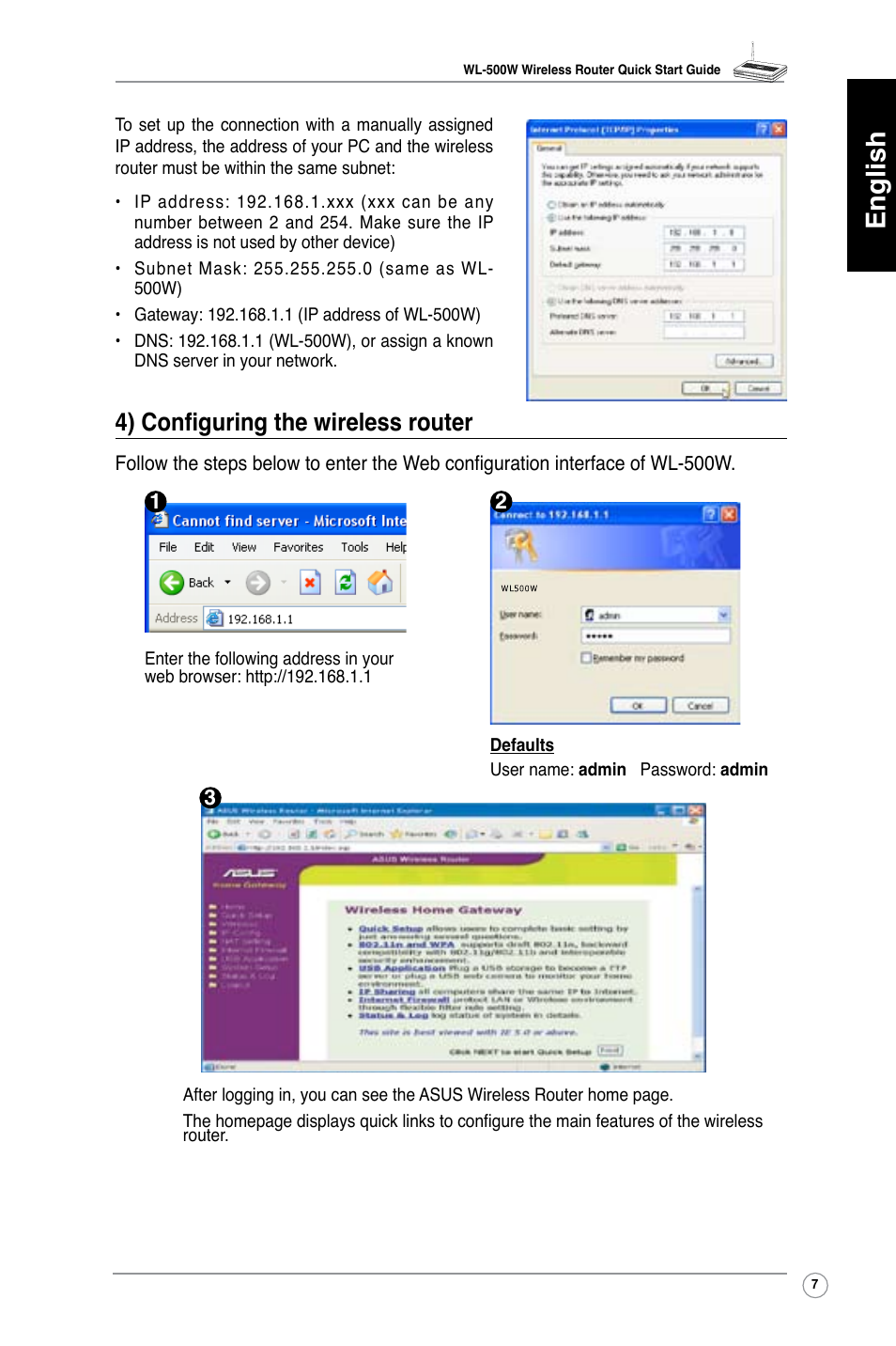 English, 4) configuring the wireless router | Asus WL-500W User Manual | Page 8 / 123