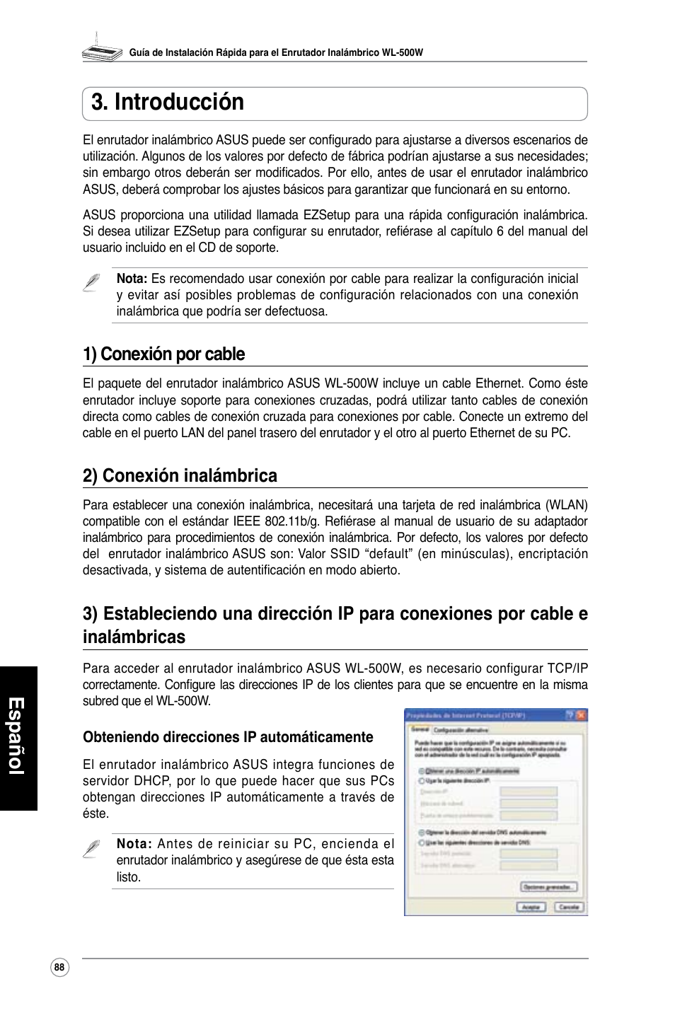 Introducción, Español, 1) conexión por cable | 2) conexión inalámbrica | Asus WL-500W User Manual | Page 89 / 123