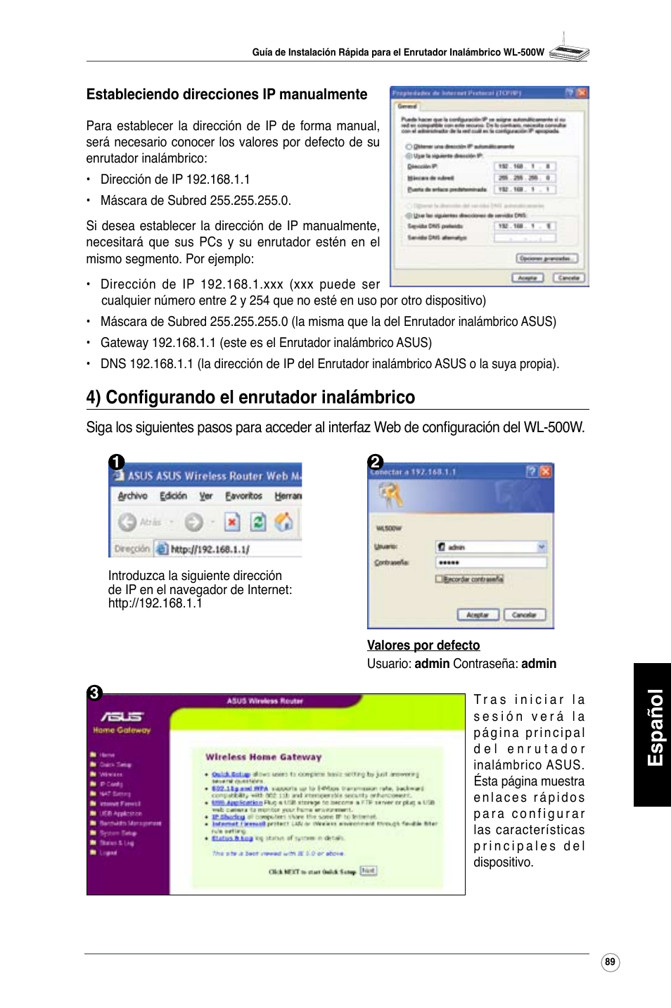 Español, 4) configurando el enrutador inalámbrico | Asus WL-500W User Manual | Page 90 / 123