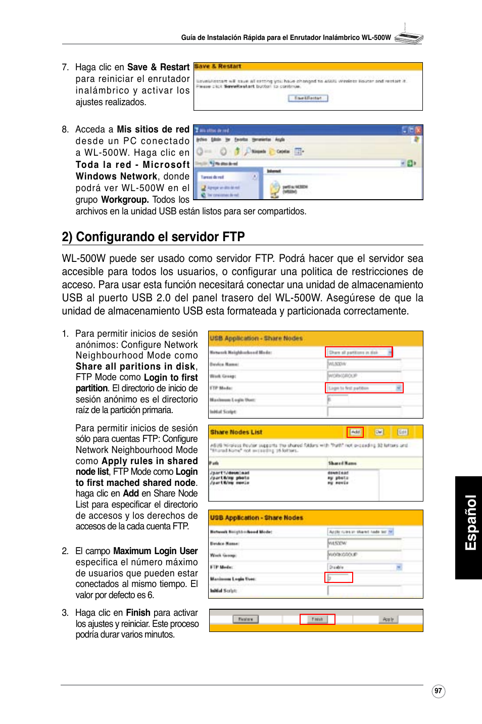 Español, 2) configurando el servidor ftp | Asus WL-500W User Manual | Page 98 / 123