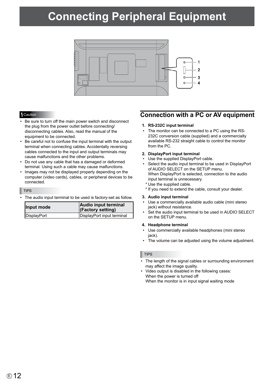 Connecting peripheral equipment, Connection with a pc or av equipment | Asus PQ321QE User Manual | Page 12 / 33