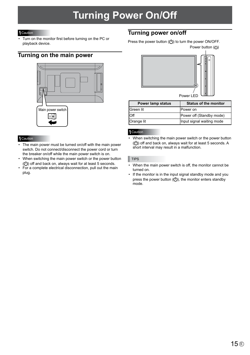 Turning power on/off, Turning on the main power, Turning on the main power  turning power on/off | Asus PQ321QE User Manual | Page 15 / 33