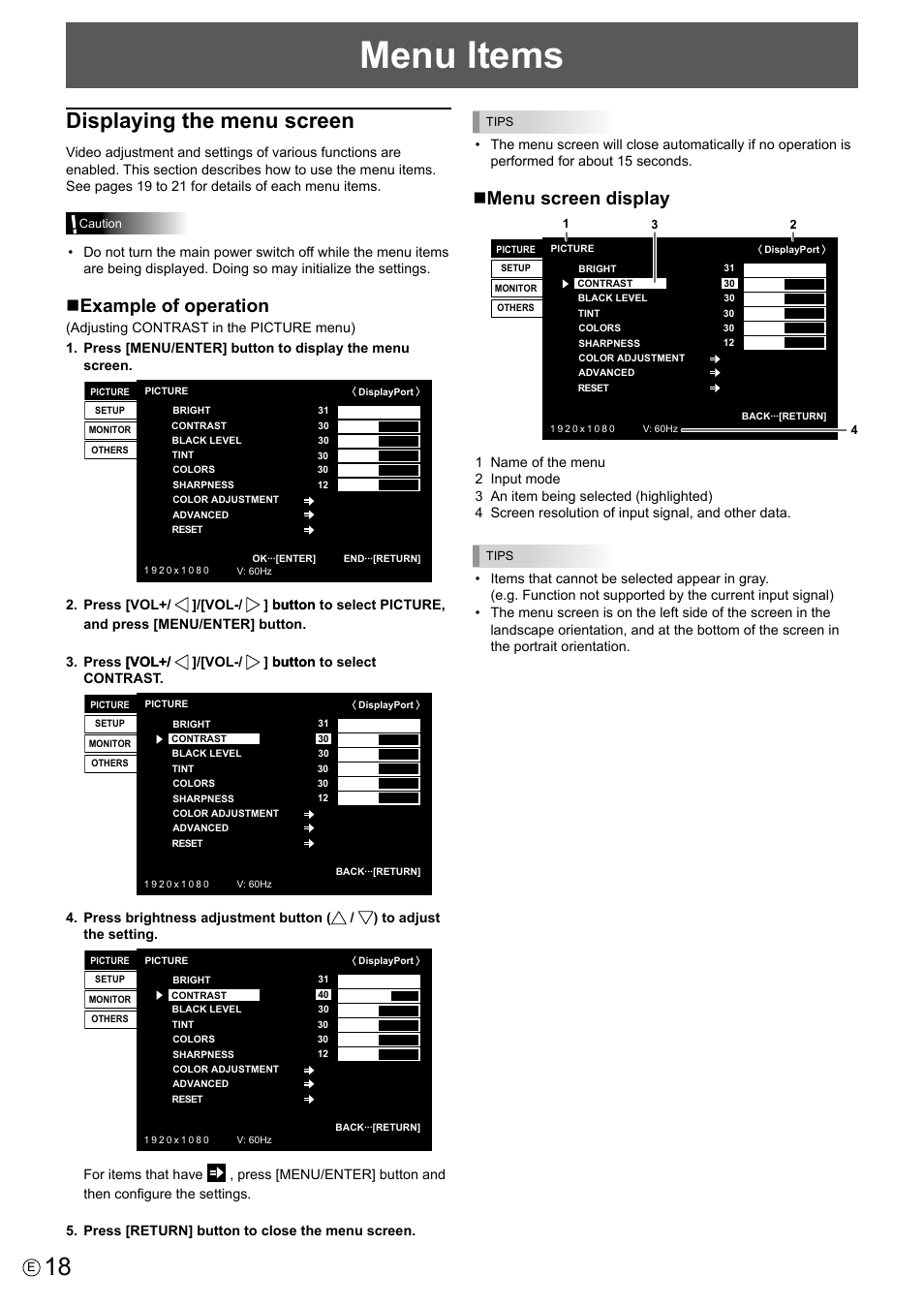 Menu items, Displaying the menu screen, Nexample of operation | Nmenu screen display | Asus PQ321QE User Manual | Page 18 / 33