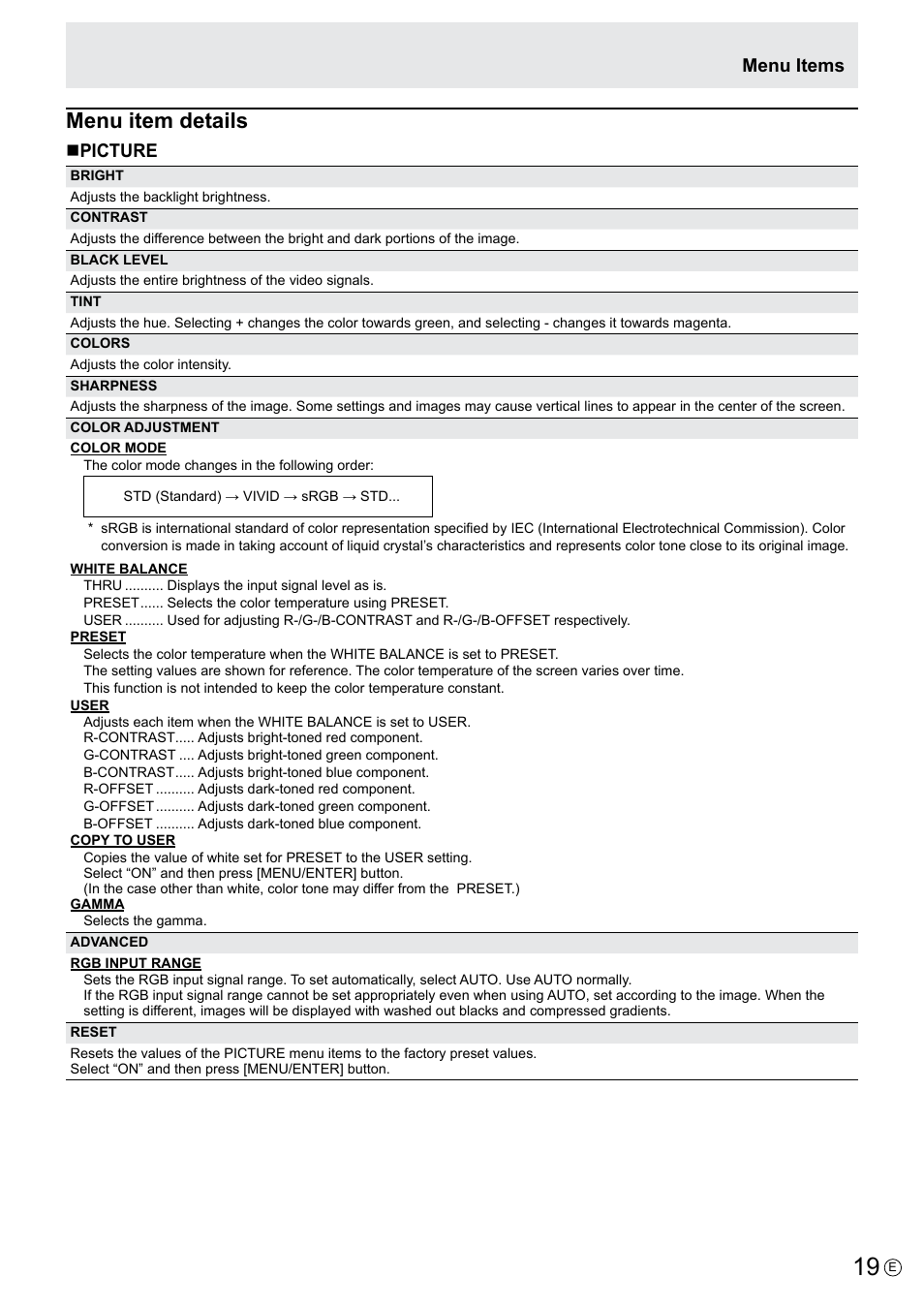 Menu item details, Npicture, Menu items | Asus PQ321QE User Manual | Page 19 / 33