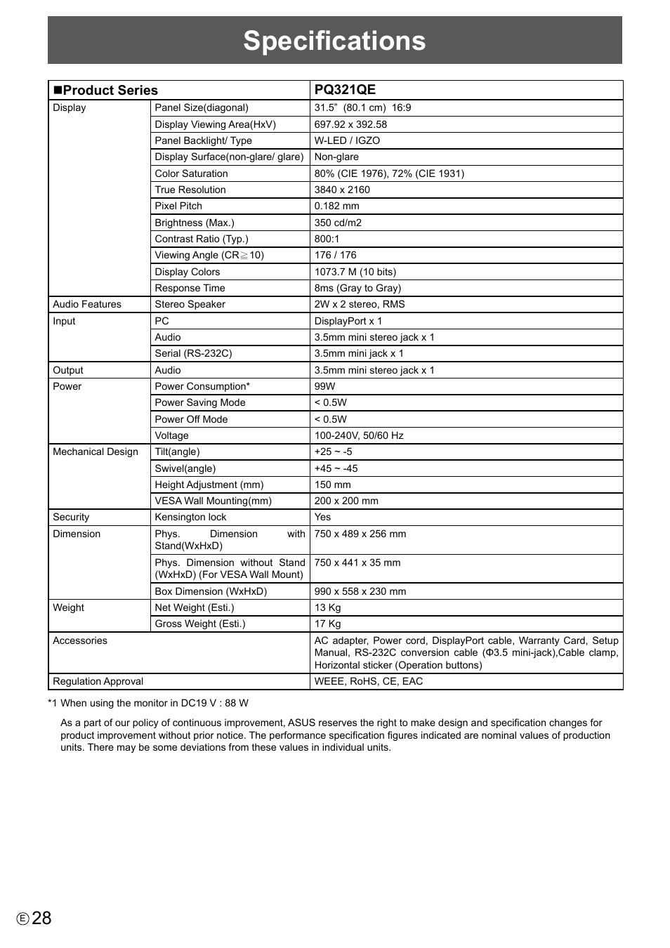 Specifications, Nproduct series pq321qe | Asus PQ321QE User Manual | Page 28 / 33