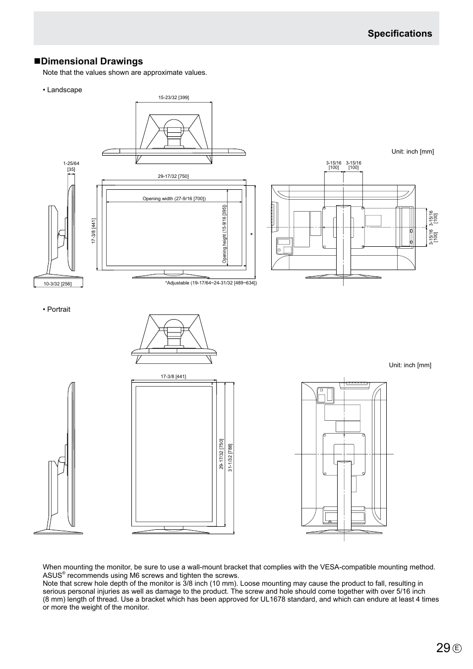 Ndimensional drawings, Specifications | Asus PQ321QE User Manual | Page 29 / 33