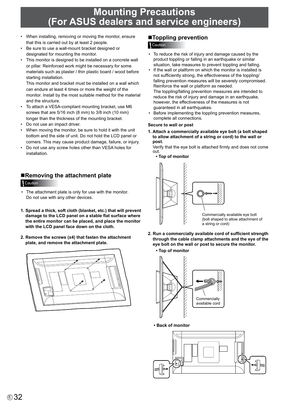 Nremoving the attachment plate, Ntoppling prevention | Asus PQ321QE User Manual | Page 32 / 33
