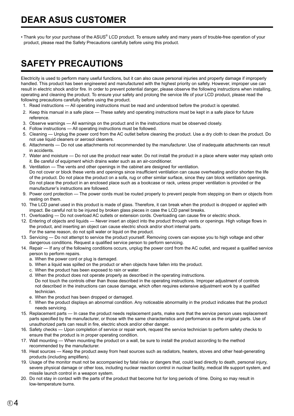Dear asus® customer, Safety precautions, Dear asus customer | Asus PQ321QE User Manual | Page 4 / 33