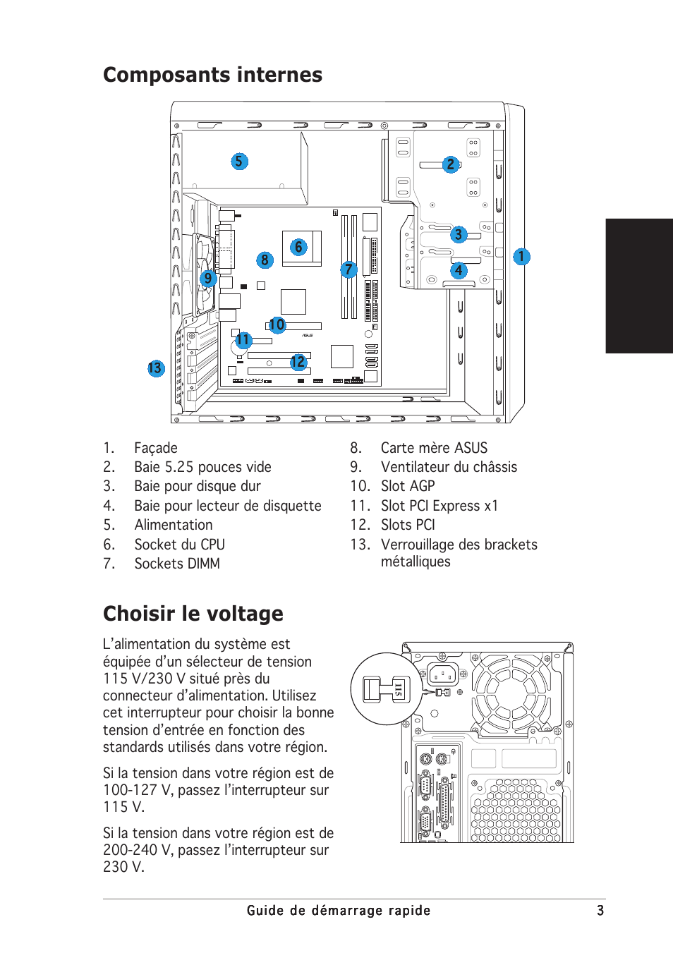 Composants internes, Choisir le voltage, Fran ç ais | Asus V2-AE1 User Manual | Page 11 / 80