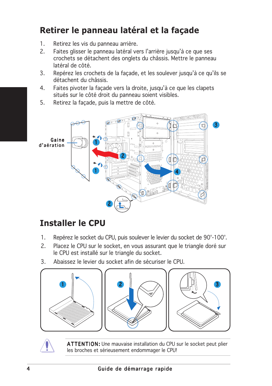 Retirer le panneau latéral et la façade, Installer le cpu, Fran ç ais | Asus V2-AE1 User Manual | Page 12 / 80