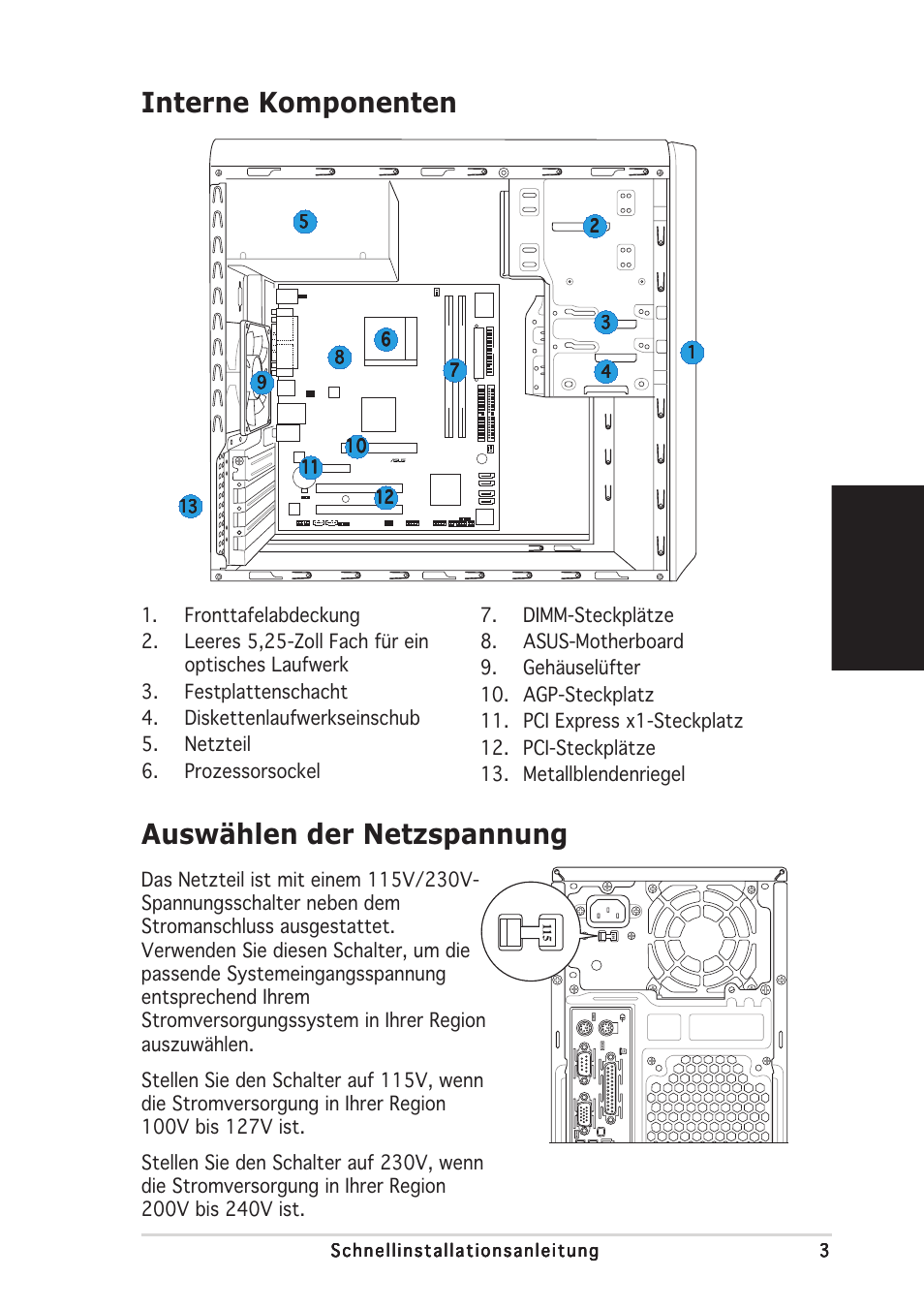 Interne komponenten, Auswählen der netzspannung, Deutsch | Asus V2-AE1 User Manual | Page 19 / 80