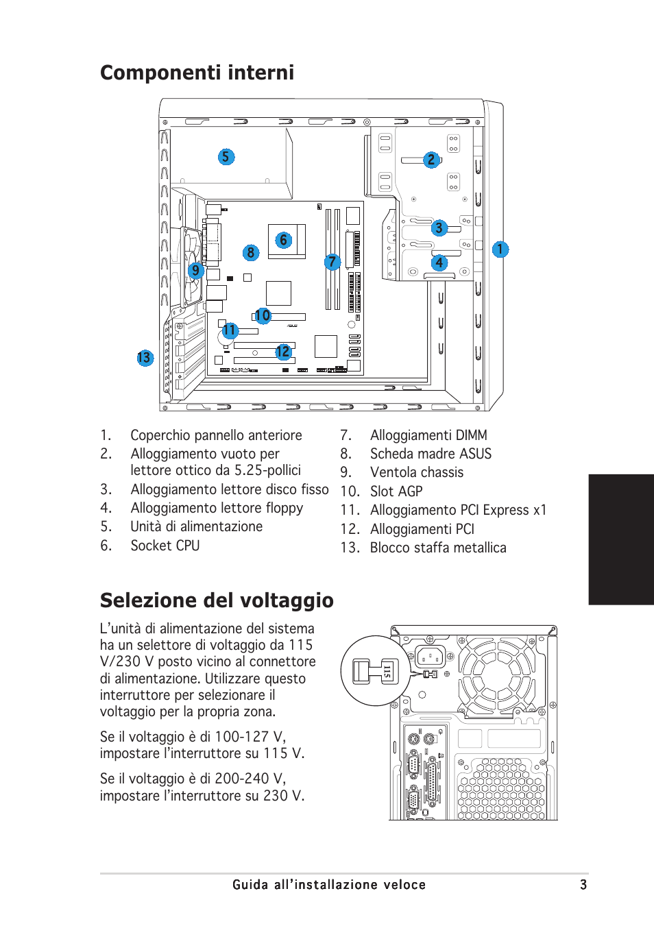 Componenti interni, Selezione del voltaggio, Italiano | Asus V2-AE1 User Manual | Page 27 / 80